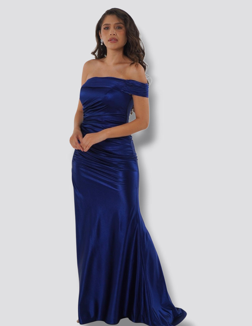 Vestido largo satinado azul profundo, diseño drapeado y strapless bustier
