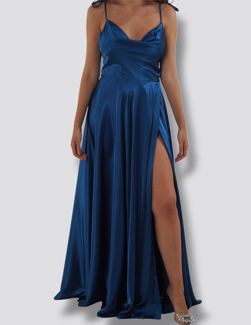 Vestido azul petróleo en satín diseño en línea A y escote cowl neck