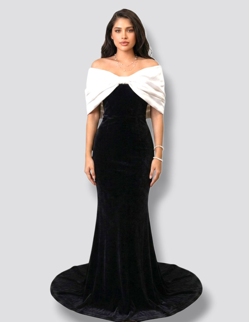 VESTIDO LARGO VELVET CORTE SIRENA COLOR NEGRO HOMBROS DESCUBIERTOS CON DISEÑO