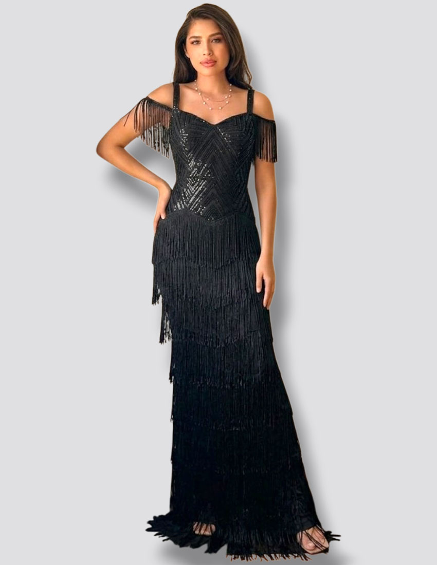 VESTIDO LARGO AJUSTADO DE LENTEJUELAS CON FLECOS HOMBROS DESCUBIERTOS
