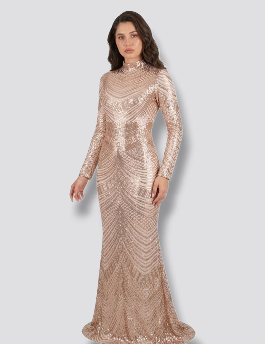 Vestido color nude bordado lentejuelas, corte sirena
