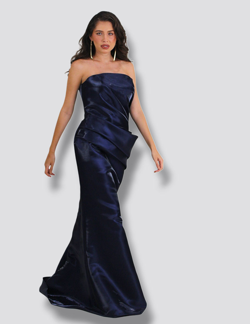 Vestido de importación, straple, color navy blue con diseño drapeado